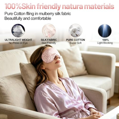 Silk Sleep Mask, Blackout Eye Mask for Sleeping with Adjustable Strap - color: Pink Leopard