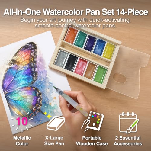 COLOUR BLOCK 14-Piece Metallic Watercolor Paint Set, 10 Full-Pan Metallic Colors, Shimmer Paints, Water Brush Pen, Palette, Paper & Portable Wooden Box — Professional Quality for Students, Beginner Artists, Kid, and Adult. Ideal Gift Choice - size: 14 Pie