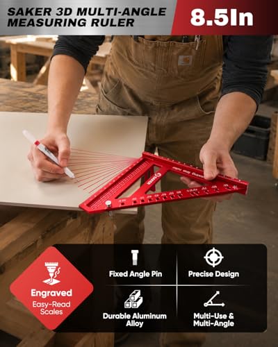 Saker 8.5Inch 3D Multi-Angle Measuring Square Ruler, Aluminum Alloy Carpenter Square,Precision Hole Scribing Ruler with Angle Pin for Woodworking, Engineering, and Construction Projects - size: 8.5inch
