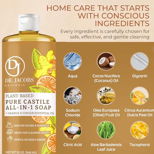 Dr. Jacobs Naturals Orange & Ginger Castile All-In-One Cleaner and Soap - Plant-Based Formula for House Cleaning Floors and Appliances - Gentle on Skin and the Planet - 32 oz, 1 Pack - size: 32 Fl Oz (Pack of 1), style: Orange Ginger