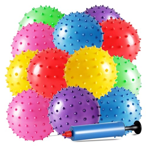 LOVEINUSA 12 Pack Bouncy Balls with Pump, 5 Inch Knobby Massage Ball