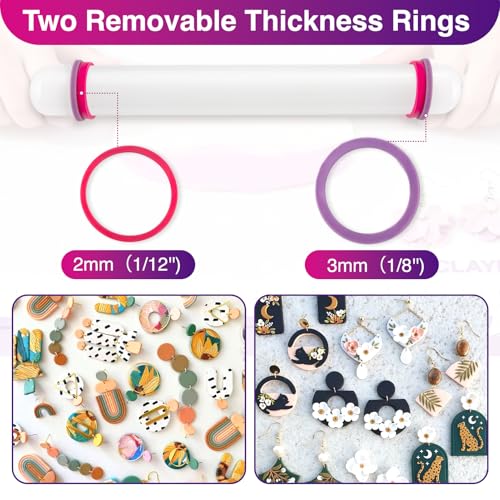Clay Roller with Thickness Rings and 16" x 12" Silicone Clay Mat with Measurement,Oven-Safe Work Mat with Texture,Reusable Silicone Non-skid Pad,Clay Rolling Pin,Polymer Clay Tools