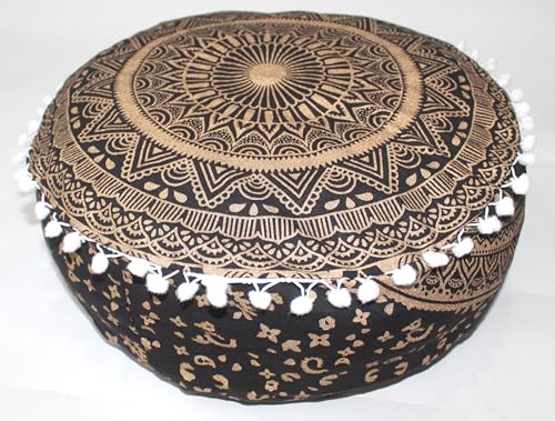 INDIAN CRAFT CASTLE ICC Black Gold Mandala Mandala Barmeri Large Floor Pillow Cover Cushion Meditation Seating Ottoman Throw Cover Hippie Decorative Zipped Bohemian Pouf Ottoman Cases 16" Round - color: Black Gold, size: 16"D x 16"W x 5"H