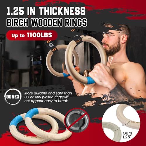 Gonex Wooden Gymnastic Rings with Adjustable Straps, 8.7 ft | Birch Wood Rings, Quick-adjust Carabiners Buckle Numbered Straps, Home Gym & Outdoor Training, Full-body Strength Workouts - style: 32mm Birch Wooden Ring & Carabiner Numbered Straps