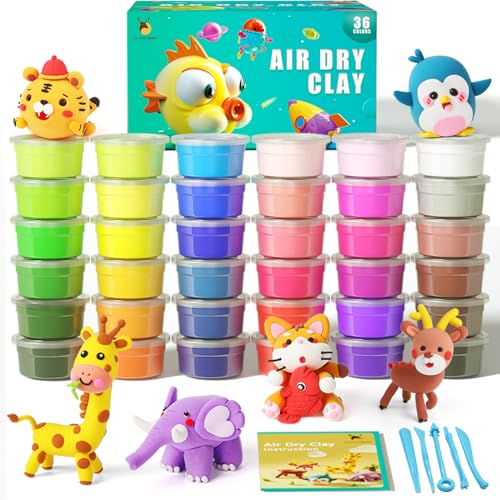 Cutedeer Air Dry Clay Kit, 36 Colors Modeling Clay for Kids, Soft Squishy Molding with Sculpting Tools and Tutorials, Arts Crafts Gift for Boys Girls | Soft Molding with Sculpting Tools and Tutorials, Arts Crafts Gift for Boys Girls