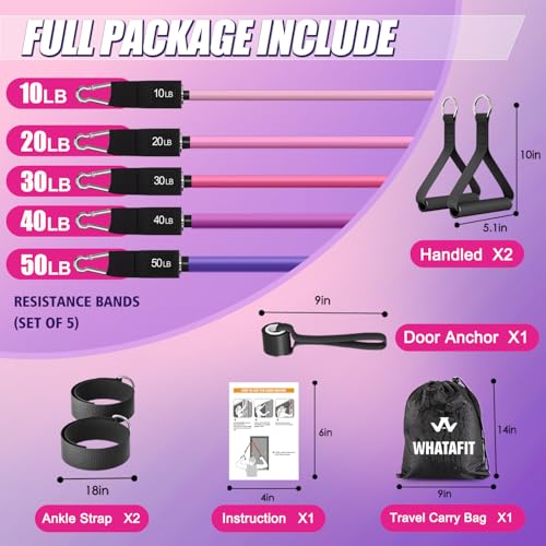 WHATAFIT Resistance Bands with Handles, 5-Level Exercise Bands for Workout - color: Pink Purple
