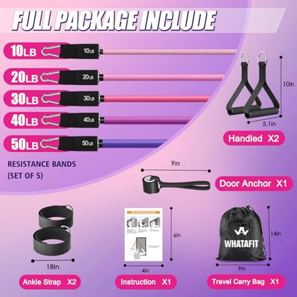 WHATAFIT Resistance Bands with Handles, 5-Level Exercise Bands for Workout - color: Pink Purple