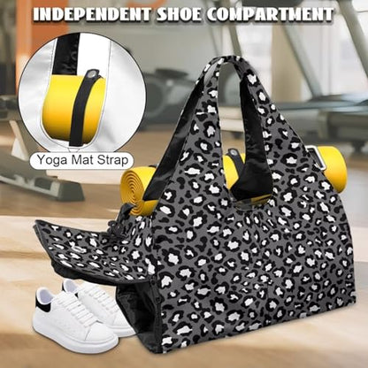 Black Leopard Print Gym Bag Women Hygienic Yoga Mat Bag with Double Zipper Sports Bags with Yoga Mat Holder & Shoe Compartments, Sports Bags for Exercises - color: Black Leopard Print