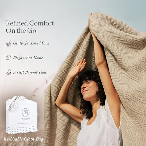 Threadmill Luxury 100% Cotton King Herringbone Blanket, Beige - color: Beige, size: King (106" x 92")