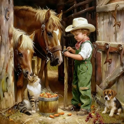 Vintage Cowboy Boy Paint by Numbers Kit for Adults Canvas, Frameworkless | Easy Adult Paint by Number Kits on Canvas DIY Cowboy Boy Painting for Beginners Art by Numbers for Home Wall Decor Gift - color: YH03222