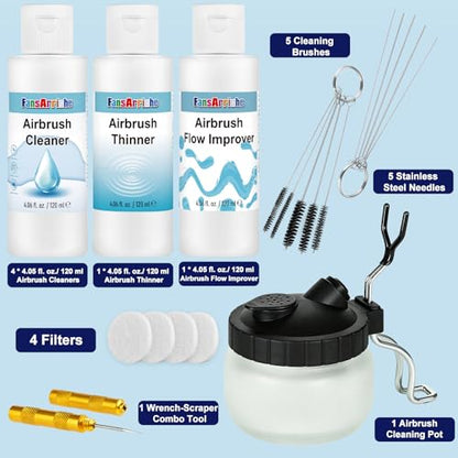 FansArriche Airbrush Cleaning Kit, 4.05 fl oz / 120 ml Each | 4 Airbrush Cleaners, 1 Thinner, 1 Airbrush Flow Improver & Airbrush Cleaning Pot, for Water-Based and Acrylic Paints