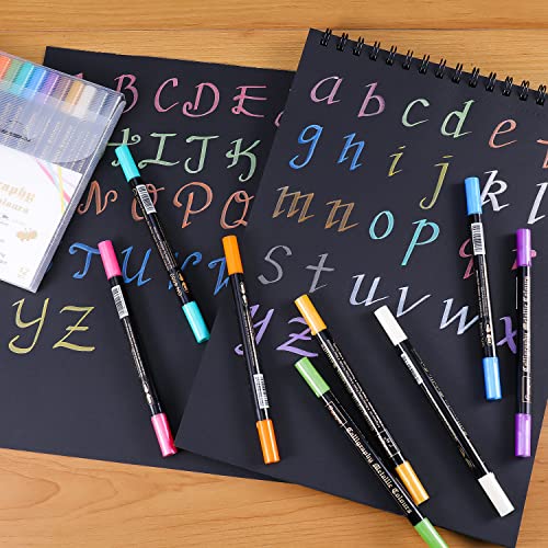 Sunshilor Metallic Markers Calligraphy Metallic Marker Pens Dual Tip Chisel and Medium Point Pens for Black Paper, Rock Painting, Easter Egg, Halloween Pumpkin, Card Making, Metal, Ceramic, Wine Glass - style: Dual Tip