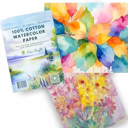 Creo Crafts 100% Cotton Watercolor Paper A4 (8.3 x 11.7 in) - 36 Sheets, 250 GSM Cold Pressed, Gelatin Sized, Acid-Free Natural White Artist Paper for Watercolour & Gouache - size: A4