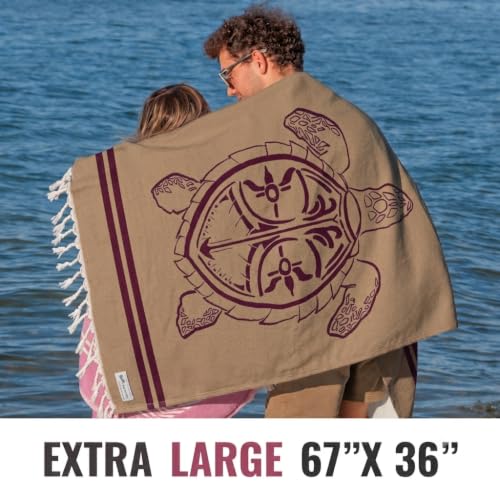 Turkish Beach Towel - 100% Organic Cotton - Soft, Quick-Dry, Sand Proof, Prewashed - Lightweight & Oversized for Beach, Pool, Yoga, Bath, Travel, Gym, Throw - (Sand & Plum) - color: Sand & Plum