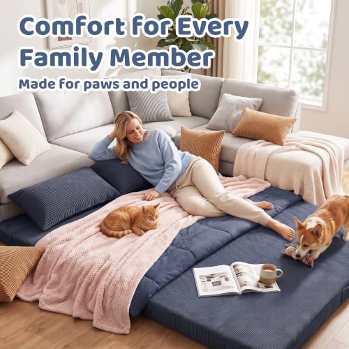 Tri-Fold Futon Mattress, Foldable Floor Mat (Navy Blue) - color: Navy Blue, size: Queen (80"L x 60"W x 3"Th)