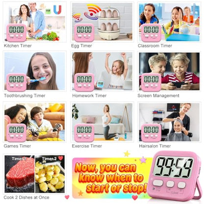 Antonki 2 Pack Digital Timer for Kids Classroom Kitchen Timers for Cooking | w/ Battery, Easy to View, Alarm, Mute Mode, Count Down/Up, Magnetic, Kickstand, Hanging, Classroom Timer for Teacher Supplies - color: Relaxing Pink