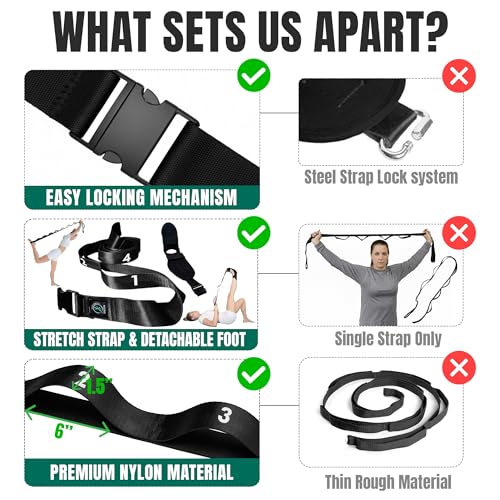Stretch Strap with Loops Physical Therapy - Full Body Exercise Straps for Stretching with Detachable Foot - Leg & Calf Stretcher for Plantar Fasciitis, Physical Therapy, Pain Relief, and Flexibility - color: Black