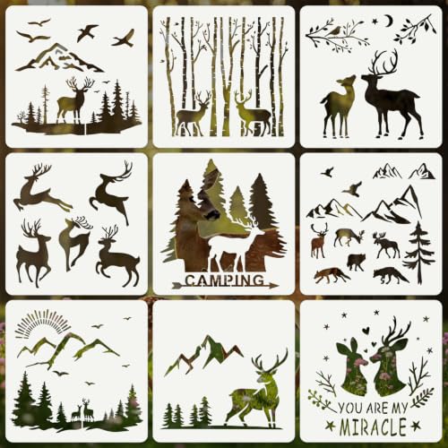 Deer Stencils for Crafts Reusable 9Pcs Stencils(7.8X7.8 Inch) | DIY Art Painting Stencil Furniture Decor Kit for Wood Embroidery Wall Silk Screen Journaling - color: Deer