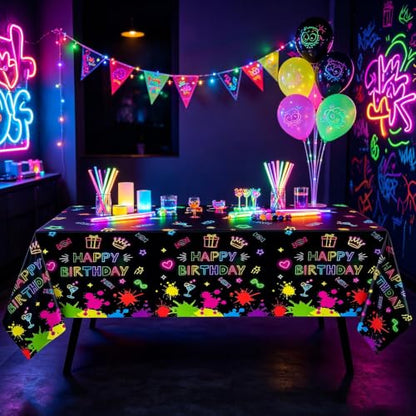 4 Pack Glow Party Table Covers Neon Tablecloths Disposable Plastic Neon Table Cloth Black Light Tablecloth Black Light Decorations Glow in The Dark Party Supplies Blacklight Decor 86 x 51 Inch