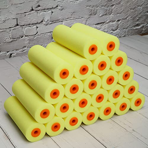 Voomey 4 Inch Foam Paint Roller, High Density Flat Head Foam 24 ack | Mini Paint Roller, Home Painting Supplies, Paint Edger Tool for Walls, Suitable for Kitchen Cabinets, Doors, Tables, Etc - style: 4 inch 24 pack（yellow）