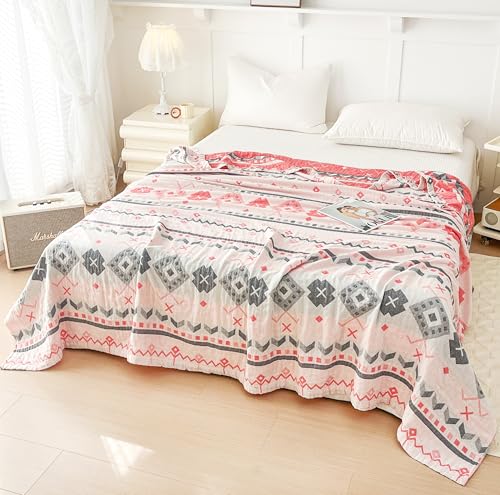 MEJU Boho Indian Pink Gray Stripes Checks Muslin All Season Reversible Blanket for Bed Sofa Couch 100% Combed Cotton Soft Warm Bedspread Throw Blanket Bed Coverlet Full Queen 80 in x 90 in - color: Boho Pink, size: F/Q 80 in x 90 in
