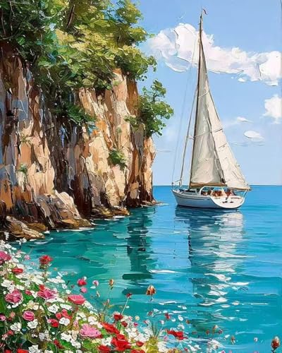 Mrnsiet Sailboat DIY Paint by Numbers for Adults, Coastal Sail Boat Paint by Number for Beginners, DIY Landscape Painting by Number Kits Oil Paint Drawing Canvas Home Decor 16x20 Inch - color: MT22357-US