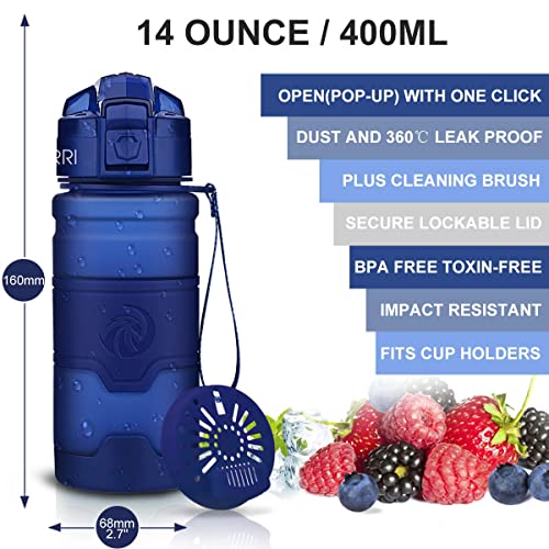 ZORRI Sports Water Bottle, 400/500/700ml/1L, BPA Free Leak Proof Tritan Lightweight Bottles for Outdoors,Camping,Cycling,Fitness,Gym,Yoga- Kids/Adults Drink Bottles with Filter, Lockable Pop Open Lid - color: Dark Blue, size: 14 Ounces