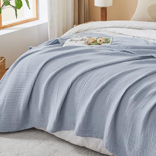 EMME Cotton Muslin Large Throw Blanket Couch Breathable Gauze Soft Lightweight Bed Blankets Adults (Heather Dusty Blue, 50"x70") - color: 07 - Dusty Blue, size: Large Throw (50" X 70")