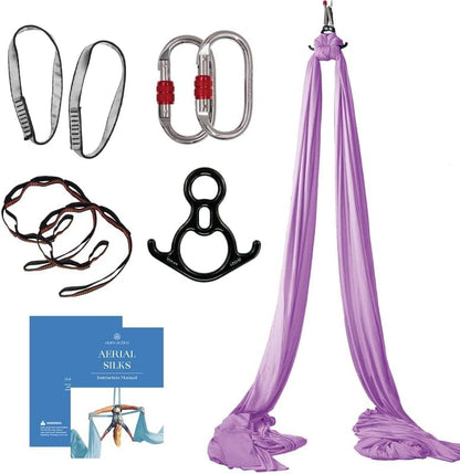 Aerial Silks Starter Kit, 9 Yards, Aerial Yoga Hammock, Hardware | Knitted fabric with pose guide, for aerial yoga, gymnastics, silk swing, stretching and home gym use, suitable for all levels - color: Lavender