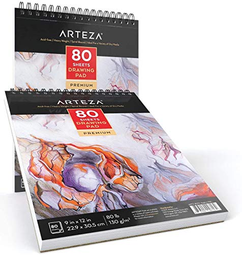 ARTEZA Artist Sketch Pad, 9x12 Inches – 2-Pack, 80 Spiral-Bound Sheets Each, Acid-Free 80 lb White Paper for Sketching, Drawing & Daily Art Practice - size: 9"x12" (Pack of 2)