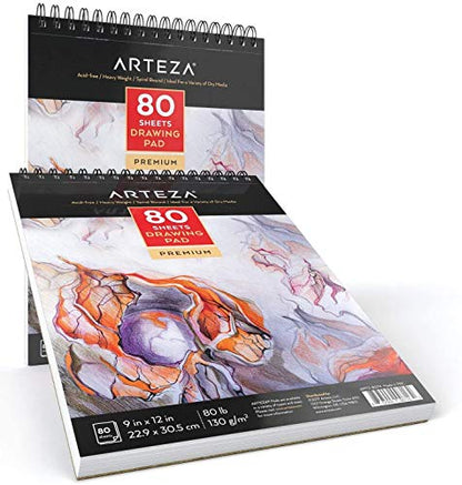 ARTEZA Artist Sketch Pad, 9x12 Inches – 2-Pack, 80 Spiral-Bound Sheets Each, Acid-Free 80 lb White Paper for Sketching, Drawing & Daily Art Practice - size: 9"x12" (Pack of 2)