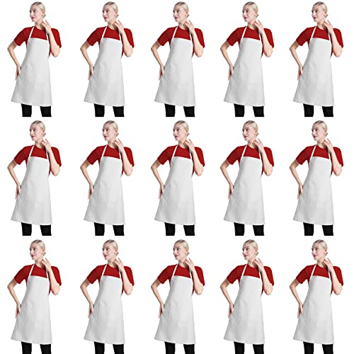 Total 15 PCS Plain Color Bib White Apron for Women Adult with 2 Front Pocket - color: White