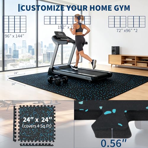 Garvee Exercise Equipment Mats 0.56" Thick 96 Sq ft Gym Flooring – 24 Tiles (24" x 24") Rubber Top with High Density EVA Foam, Interlocking Puzzle Workout Mats for Home Gym Exercise– Black/Blue - color: Black/Blue, size: 24 Tiles (96 Sq Ft)
