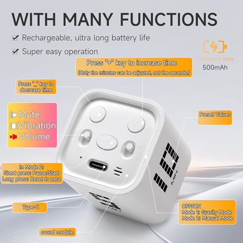 Rotating Productivity Timer, 5, 10, 30, 60 Minute Presets, Desk Cube | Gravity sensor with mute function; ADHD-friendly for work, study, kitchen and back to school - color: Whiteb