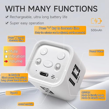 Rotating Productivity Timer, 5, 10, 30, 60 Minute Presets, Desk Cube | Gravity sensor with mute function; ADHD-friendly for work, study, kitchen and back to school - color: Whiteb