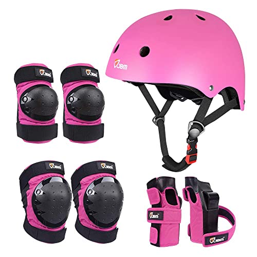 JBM Adult & Kid Skating Protective Gear Set for Beginner to Advanced, Skateboard Helmet Knee and Elbow Pads with Wrist Guards for Inline Roller Skating, Scooter, Skateboarding - color: Pink, size: Medium (8-14 years)