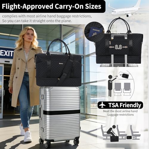 Weekender Bag, Large Travel Duffel Bag for Women, Carry on Overnight Bag with Shoe Compartment and Toiletry Bags - color: I-3PCS Black