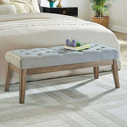 24KF Velvet Upholstered Buttons Tufted Entryway Bench with Solid Wood Leg,Bed Bench Ottoman with Padded Seat,5034-Gray - color: Gray Velvet, size: Tufted Bench with Solid Wooden Base