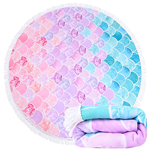 Oversized Round Little Mermaid Beach Towel for Girls Women, Lightweight Microfiber Picnic Pool Swimming Bath Towel With Fringe, Soft Thin Meditation Mat Round Tapestry Mermaid gifts for women, 59” - color: Round Mermaid Squama Beach Towel
