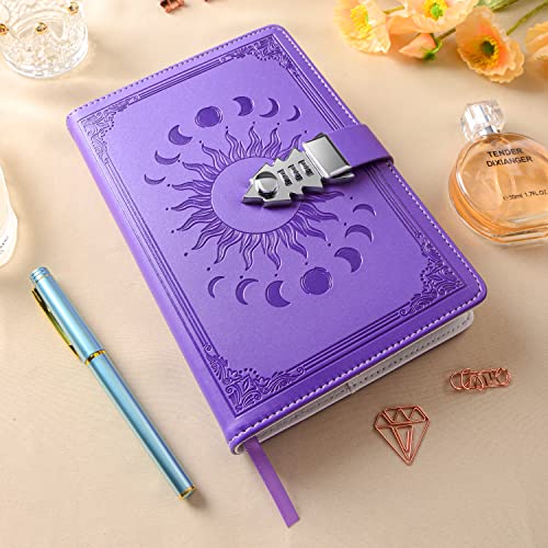 ZXHQ Journal with Lock for Girls Women,A5 224 Pages Lock Diary, Colorful Edge, Refillable, Leather Hardcover 8.5" × 5.9" - Purple - color: Purple