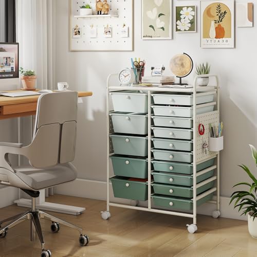 Giantex 15 Drawer Storage Cart, Rolling Craft Cart with Metal Tabletop & Pegboard, Mobile Utility Organizer Trolley with Locking Wheels, Home Office, Classroom, Teacher Supplies, Green Gradient - color: Green Gradient, size: 15 Drawer-25"x14.5"x34.5"