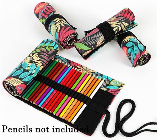 DIYOMR 24/36/72 Slots Pencil Wrap Pencil Rolls, Artist Colored Pencils Roll Up Bag Short Brushes Pouch Case Pencils Organizer for Drawing Coloring and Sketching,No Pencils (Colorful Leaves, 24slots) - color: Colorful Leaves, size: 24slots