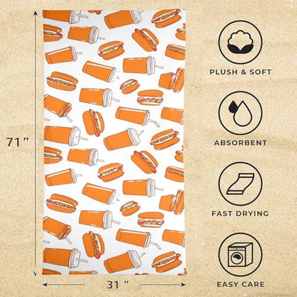 susiyo Hot Dogs and Soda Cups Beach Towel Microfiber Beach Blankets Quick Dry Oversized Sand Free Super Absorbent Lightweight Pool Towel for Travel Sport Swimming Bath Camping Yoga 31x71 inch