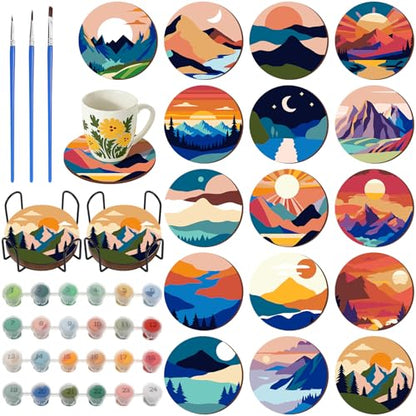 Reallnaive 8 Pcs Mountain Paint by Numbers Kit for Adults Wooden Coasters | Mini Paint by Numbers, Tiny Landscape Round Oil Painting Drink Coaster with Holder, for Small DIY Craft Birthday Gift - style: Mountain