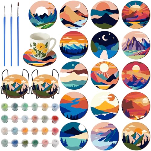 Reallnaive 8 Pcs Mountain Paint by Numbers Kit for Adults Wooden Coasters | Mini Paint by Numbers, Tiny Landscape Round Oil Painting Drink Coaster with Holder, for Small DIY Craft Birthday Gift - style: Mountain