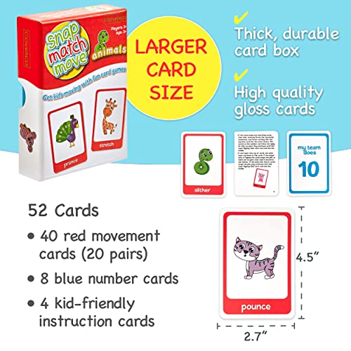 Animal Movement Cards for Kids, Active Games, 20 Animals, 52 Cards | Snap, Matching & Go Fish Game Modes, Gross Motor Activity, Indoor Outdoor, Classroom PE Homeschool, Toddler Exercise Cards - style: Animal Movement Cards