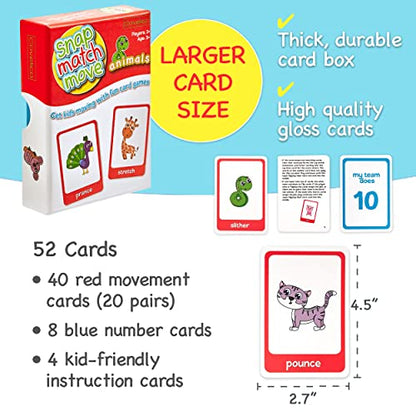 Animal Movement Cards for Kids, Active Games, 20 Animals, 52 Cards | Snap, Matching & Go Fish Game Modes, Gross Motor Activity, Indoor Outdoor, Classroom PE Homeschool, Toddler Exercise Cards - style: Animal Movement Cards