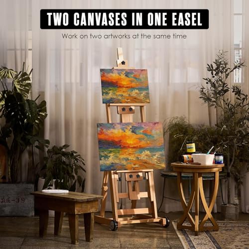 Easel for Painting, H Frame Easel, Painting Stand, Studio, Fits 80” Canvas | Houseables for Large Canvas, Floor Standing, Adjustable, Tilt Flat, Rolling Wheels, Wood, Adults, Painters, Arts & Crafts