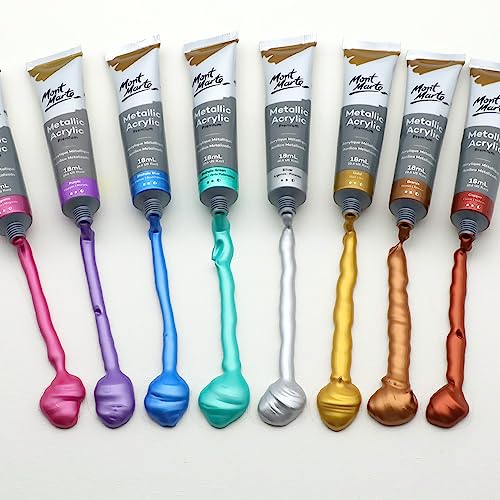 Mont Marte Metallic Acrylic Paint Set 8 Piece x 18 ml Tubes, Lightfast Colors with Smooth Consistency and Opaque Metallic Finish. - size: 0.61 Fl Oz (Pack of 1)