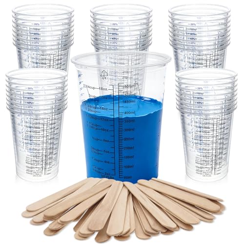 50 Pack Epoxy Mixing Cups 20 oz (600 ml) | Disposable Measuring Cups with 50 Wooden Stir Sticks, Measurement Ratios: 1:1, 2:1, 3:1, 4:1 for Resin, Liquid and Paint